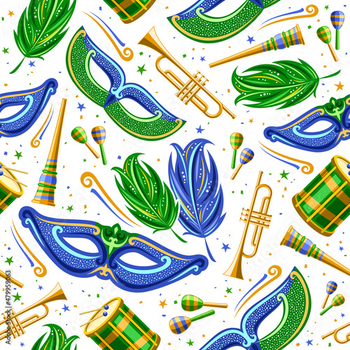 Vector Carnival Seamless Pattern, square repeating background with green decorative feathers, blue venice mask, musical instruments, isolated illustrations of carnival symbols for white wrapping paper