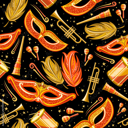 Vector Carnival Seamless Pattern, square repeating background with golden decorative feather, orange venice mask, musical instrument, isolated illustrations of carnival symbols for dark wrapping paper