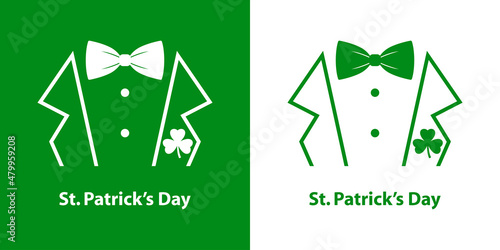 Logotipo texto St. Patrick's Day con trebol en solapas de esmoquin y corbata de lazo con líneas en fondo verde y fondo blanco photo