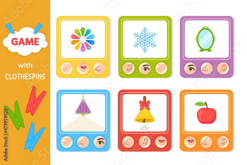 Educational game for children with clothespins. Five senses matching game for kids. Sight, touch, hearing, smell and taste. Vector illustration