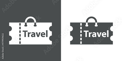 Logotipo con texto Travel con ticket con forma de maleta con lineas en fondo gris y fondo blanco