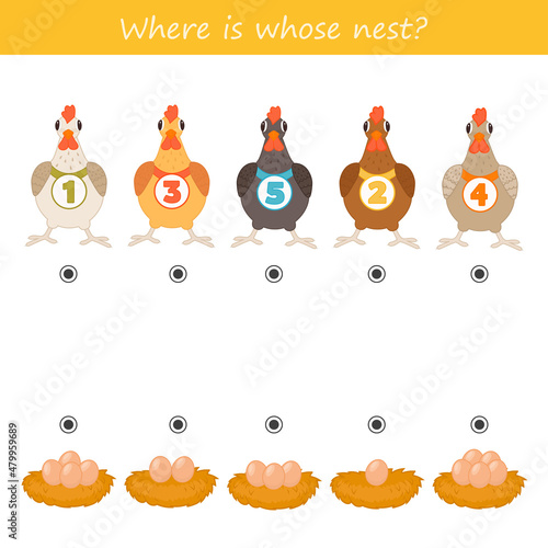 Educational matching game for kids. Where is whose nest? Eggs and hens. Learning to count up to 5? Printable worksheet for preschool children.