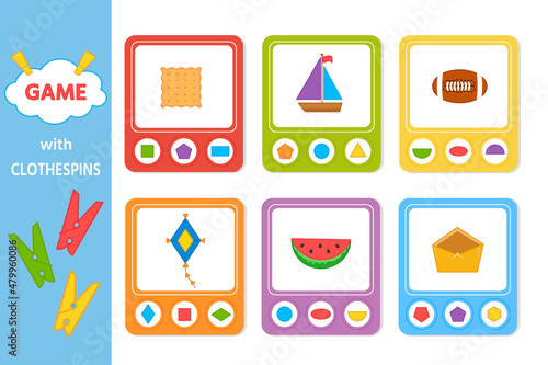 Educational game for kids with clothespins. Match of geometric shapes. Vector illustration. Activity for presсhool years kids and toddlers. Printable worksheet