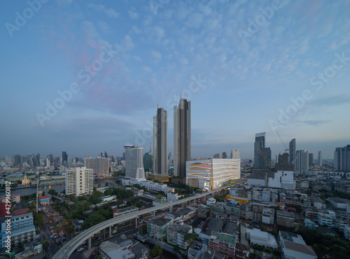 Aerial view of Icon Siam  Bangkok Downtown. Financial district and business centers in smart urban city in Asia. Skyscraper and high-rise buildings. Thailand