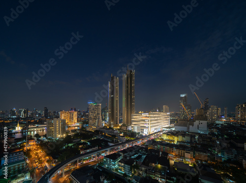 Aerial view of Icon Siam, Bangkok Downtown. Financial district and business centers in smart urban city in Asia. Skyscraper and high-rise buildings. Thailand