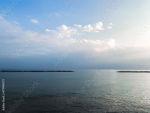 Quiet sea horizon at the evening time, natural colors of the sky