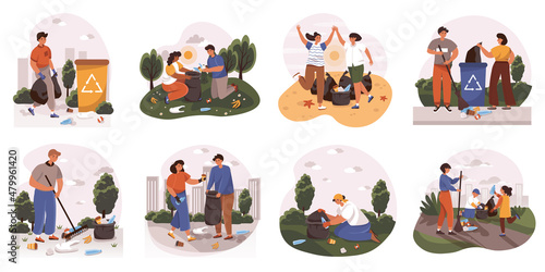 People collecting garbage web concept in flat design. Men, women and children cleaning trash at city street or nature, picking and sorting waste in recycling bins modern scene. Vector illustration.