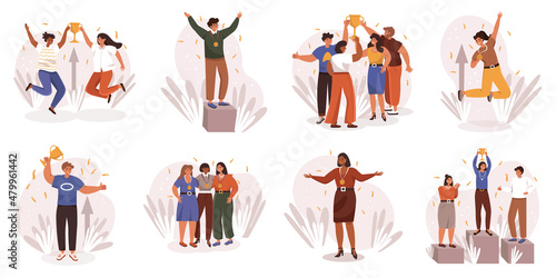 Happy competition champions web concept in flat design. Men and women receive awards and celebrate victory, triumph and achievement of goals in business modern people scene. Vector illustration.