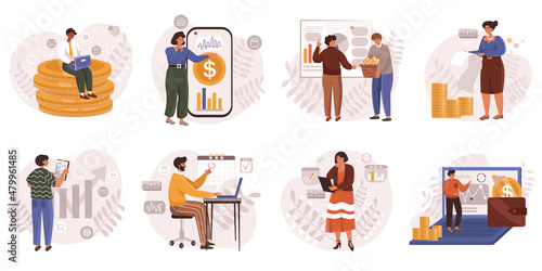 People analyzing budget web concept in flat design. Men and women calculation of financial data, develop strategy of income and expenses, accounting and saving money modern scene. Vector illustration.