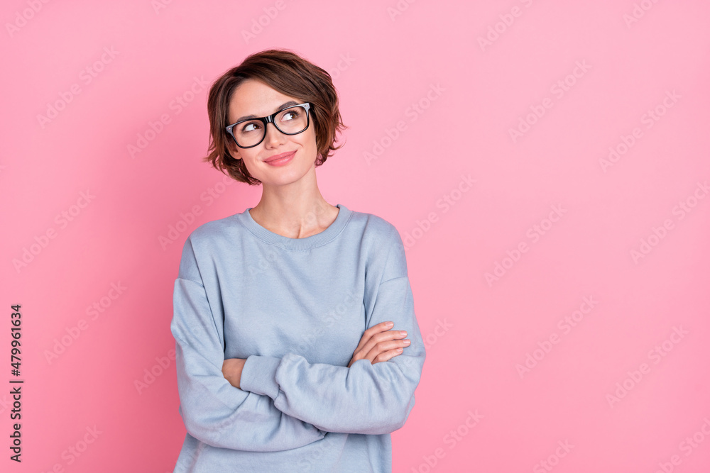 Photo of cute millennial brunette lady look promo wear eyewear blue sportscloth isolated on pink color background Photo of cute millennial brunette lady look promo wear eyewear blue sportscloth isolated on pink color background
