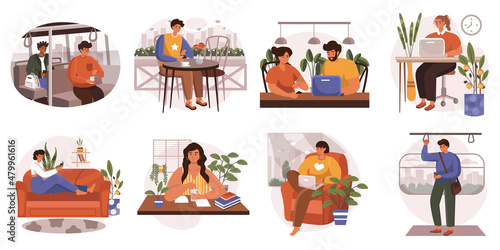 People sit in gadgets web concept in flat design. Men and women browsing at smartphones and laptops at home or outdoor. Online communication and internet addiction modern scene. Vector illustration.