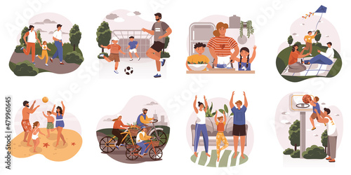 Healthy families web concept in flat design. Parents and children pastime together, running, playing ball, riding bicycles, doing yoga, cooking and rest at picnic modern scene. Vector illustration.