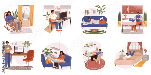 Freelance working web concept in flat design. Men and women work on laptops and computers in different workplaces. Freelancers doing online tasks, distant employees modern scene. Vector illustration.