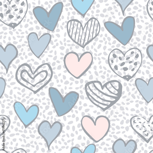 Seamless pattern with hand-drawn hearts in gray-blue tones on a white background