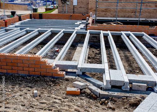 Beam and block ground floor system being installed during construction of new residential house