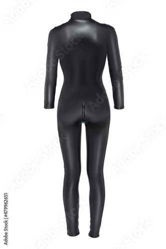 Detail shot of a black latex jumpsuit with a zipper. The sexy tight-fitting clothes are isolated on the white background. Back view.