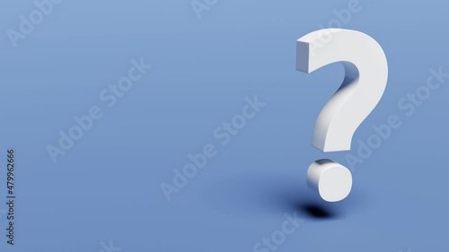 White question mark on blue background. It's rotating. Clip is easy to loop.  There is copy space in the left. 3d render.