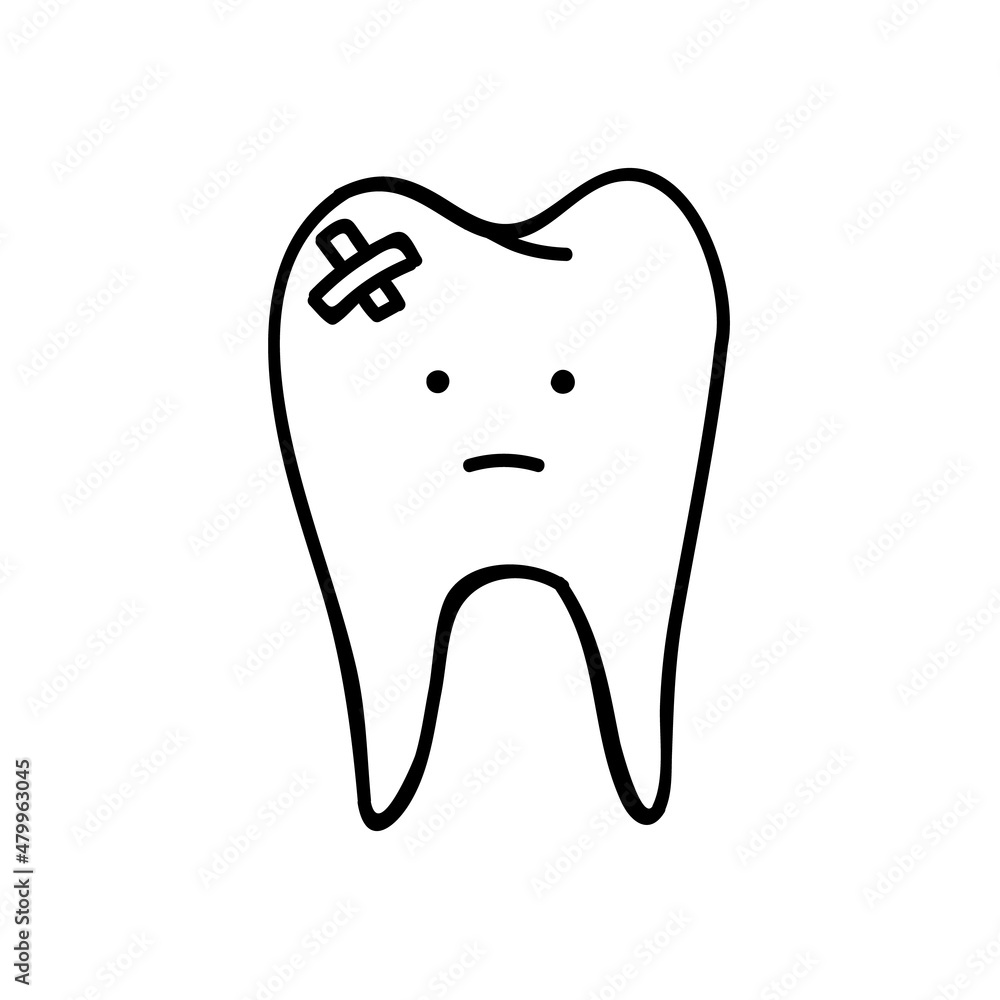Tooth with bandage icon. Hand drawn vector illustration.