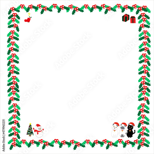 Christmas card with holly leaf frame  snowman  cats  and gift