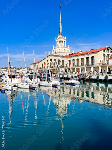 Commercial seaport of Sochi, Russia. Yachts and ships on Black Sea