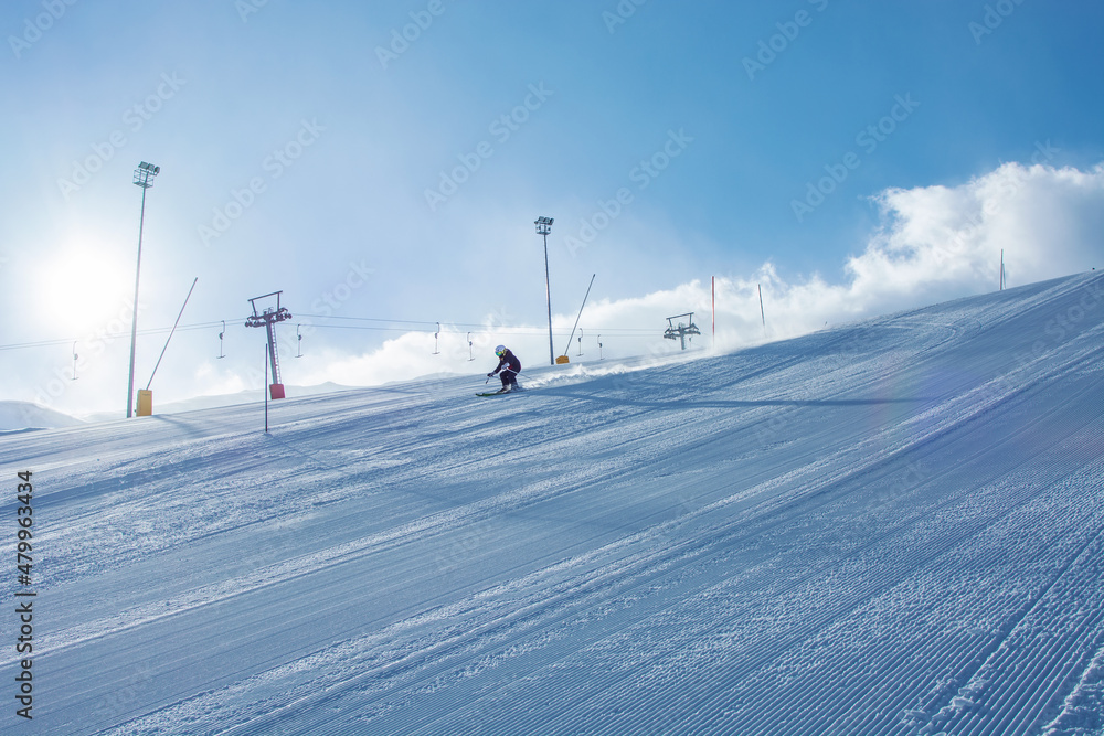 young skier in action in slalom ski competition slalom downhill young skier in action in slalom ski competition slalom downhill