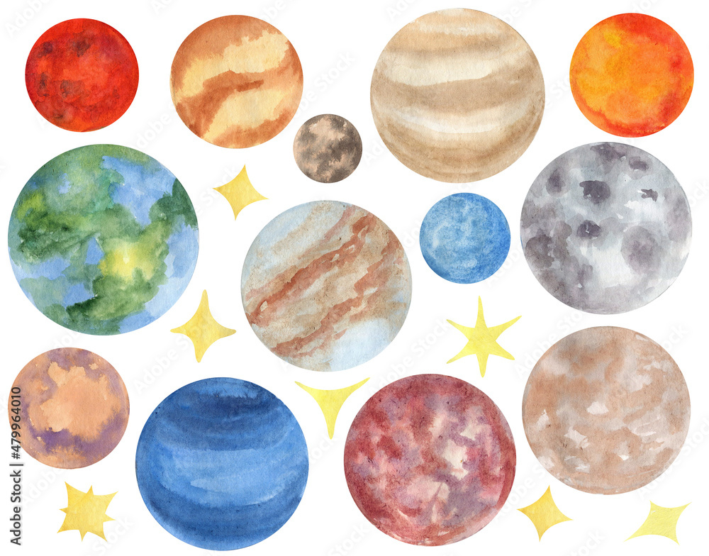 Set of watercolor planets on white background Set of watercolor planets on white background