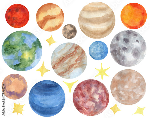 Fototapeta Naklejka Na Ścianę i Meble -  Set of watercolor planets on white background