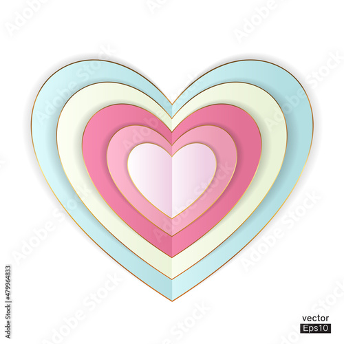 Pastel color paper heart with gold isolated background vector.