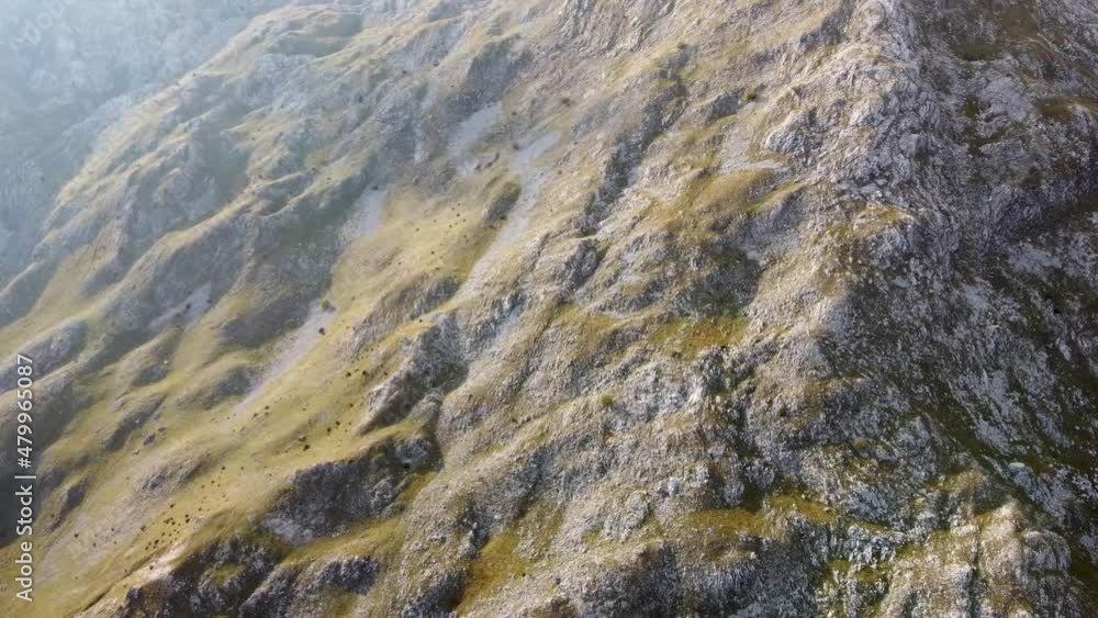 Aerial drone view of mountain. Rocks and cliffs in nature, view from above. Landscape in karst in autumn. Aerial drone view of mountain. Rocks and cliffs in nature, view from above. Landscape in karst in autumn.