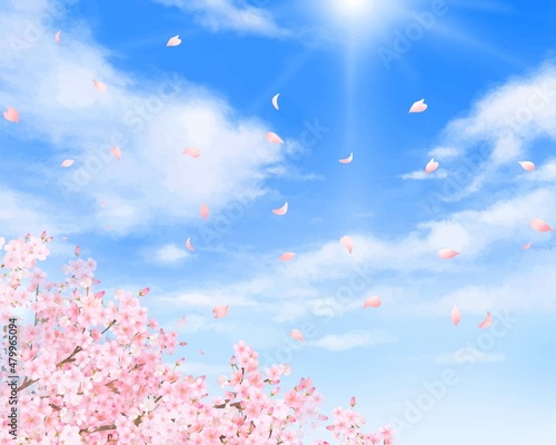 美しく華やかな桜の花と花びら舞い散る春の爽やか青空に光差し込む雲のフレーム背景ベクター素材イラスト
