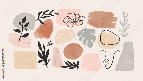 Minimalist abstract nature art shapes collection. Watercolor doodle bundle for fashion design, summer season or natural concept. Modern hand drawn plant leaf and tropical shape decoration set.