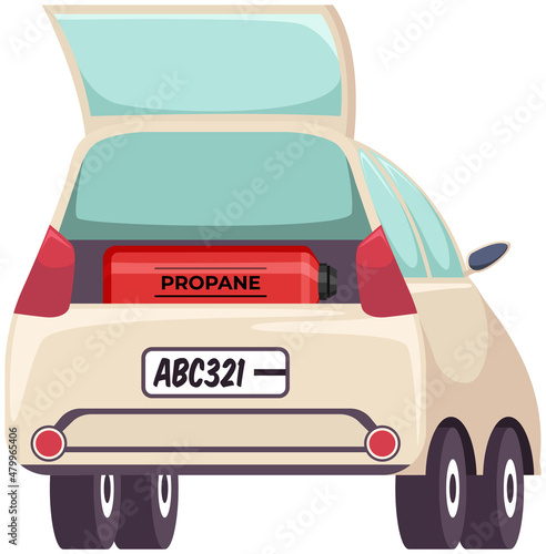 Transportation of gas cylinder, canister with fuel liquid. Balloon with flammable substance. Metal tank with liquefied compressed petroleum, propane. Pressurized gas cylinder in trunk of car