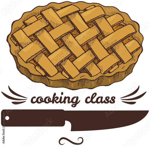 Baking masterclass emblem design with decorated pies. For cafe brand, cooking pastries poster. Bakery sign template, culinary school badge. Home baking class design elements with desserts, cakes
