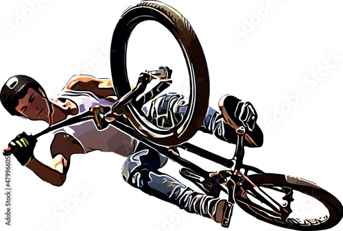 Color vector image of a cyclist on BMX performing extreme stunts