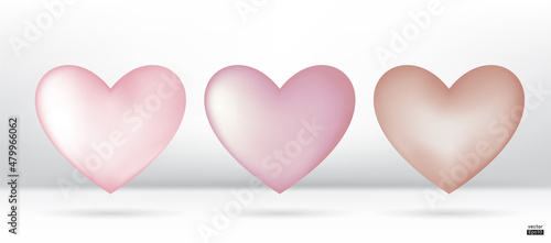Pearl pink hearts 3D vector collection isolated on white background.Symbol of Love and Valentine's Day.Heart  shape icon illustration vector for design card.Light gold hearts.