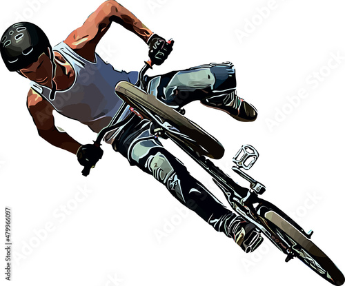 фотография Color vector image of a cyclist on BMX performing extreme stunts