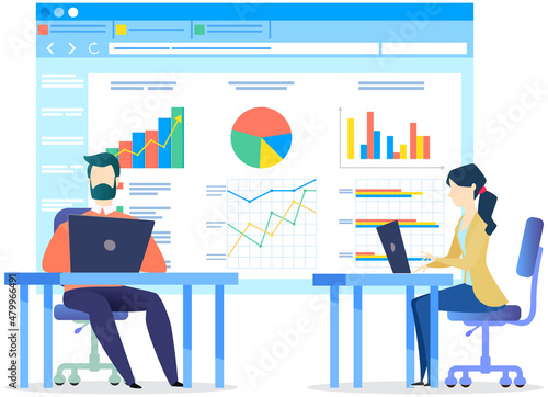 Employees working with statistics in office. Business team surfing internet, analysing data. Group of managers uses computers to prepare statistical report. Colleagues analyse business indicators