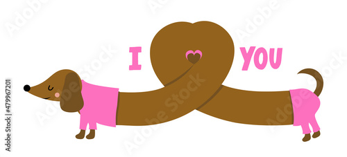 I love you - Doodle draw and phrase for Valentines Day. Hand drawn lettering for Love Day greeting cards, invitation. Good for t-shirt, mug, gift, printing press. Adorable dachshund dog.