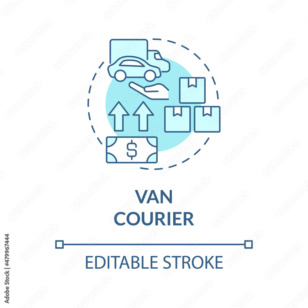 Van courier turquoise concept icon. Truck shipment. Start delivery business abstract idea thin line illustration. Isolated outline drawing. Editable stroke. Roboto-Medium, Myriad Pro-Bold fonts used Van courier turquoise concept icon. Truck shipment. Start delivery business abstract idea thin line illustration. Isolated outline drawing. Editable stroke. Roboto-Medium, Myriad Pro-Bold fonts used