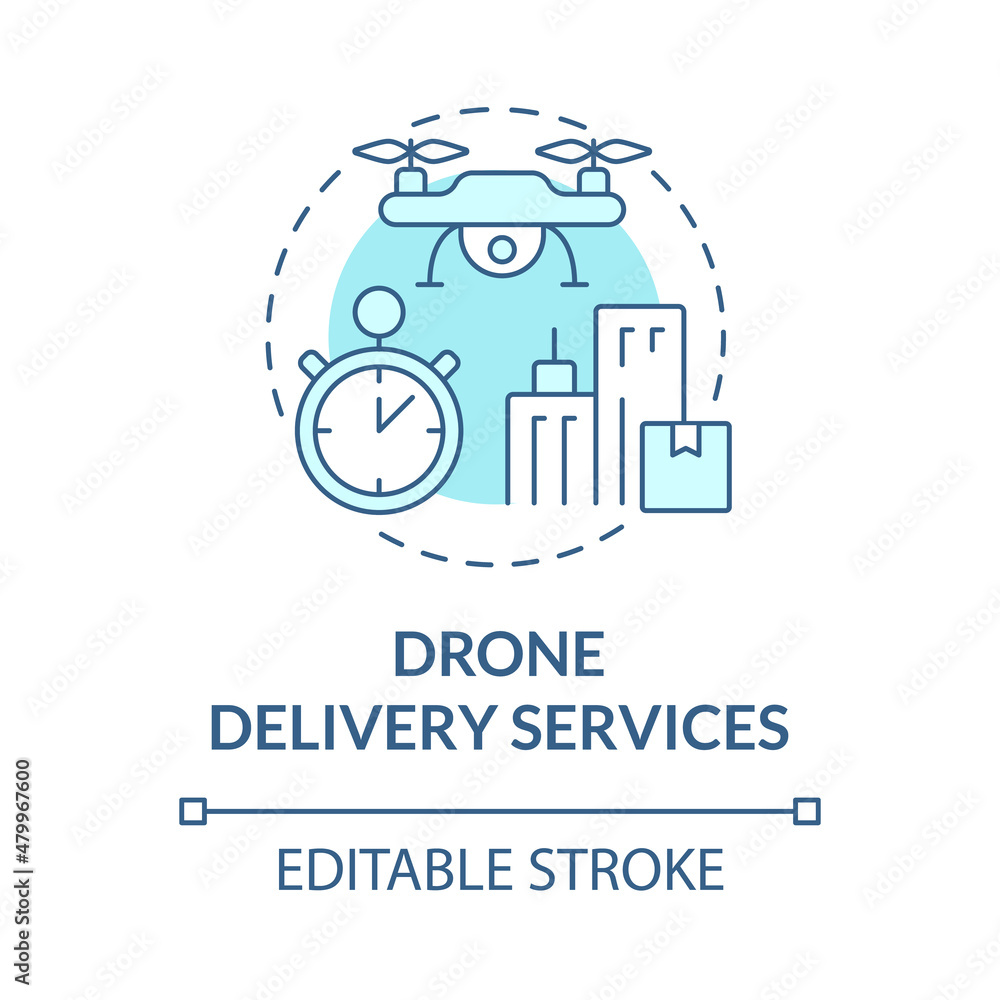 Drone delivery services turquoise concept icon. Shipping technology abstract idea thin line illustration. Isolated outline drawing. Editable stroke. Roboto-Medium, Myriad Pro-Bold fonts used