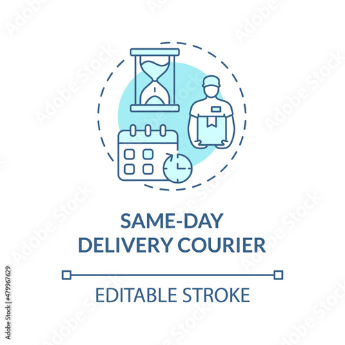 Same day delivery courier turquoise concept icon. Urgent and fast shipment abstract idea thin line illustration. Isolated outline drawing. Editable stroke. Roboto-Medium, Myriad Pro-Bold fonts used