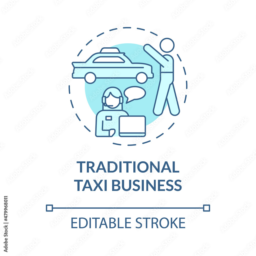 Traditional taxi business turquoise concept icon. Standart transportation abstract idea thin line illustration. Isolated outline drawing. Editable stroke. Roboto-Medium, Myriad Pro-Bold fonts used