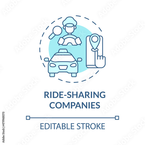Ride sharing companies turquoise concept icon. Passenger cars. Delivery abstract idea thin line illustration. Isolated outline drawing. Editable stroke. Roboto-Medium, Myriad Pro-Bold fonts used