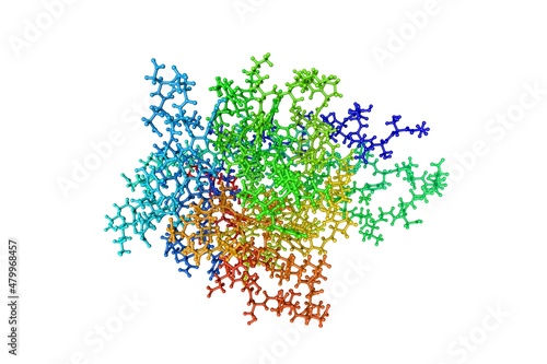 Molecular model of human interleukin-33 isolated on white background. Rendering based on protein data bank entry 2kll. Rainbow coloring from N to C. 3d illustration photo