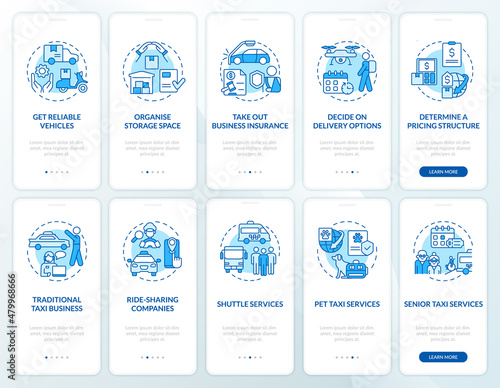 Start delivery business blue and white onboarding mobile app screen set. Postal walkthrough 5 steps graphic instructions pages with concepts. UI, UX, GUI template. Myriad Pro-Bold, Regular fonts used