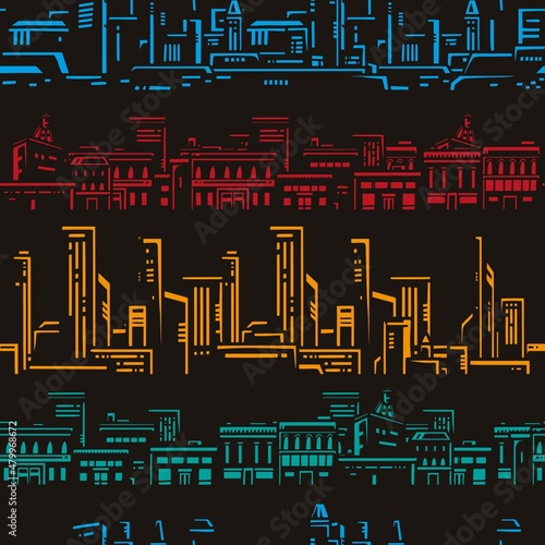 Neon cityscape colorful seamless pattern