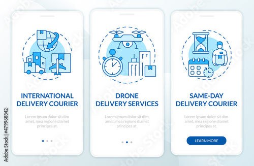 Courier delivery business blue and white onboarding mobile app screen. Post walkthrough 3 steps graphic instructions pages with concepts. UI, UX, GUI template. Myriad Pro-Bold, Regular fonts used