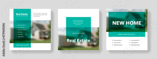 Real Estate social media layouts with teal overlays, clean and editable post templates with house design in the background, graphic for instagram and facebook advertising