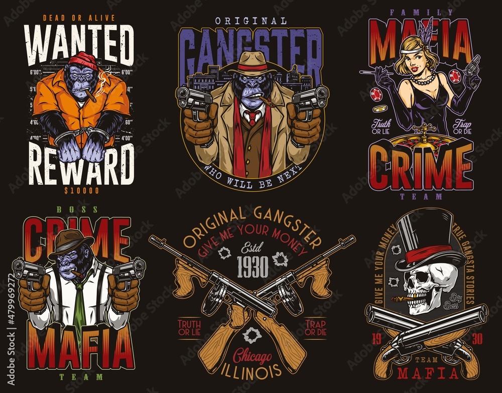 Gorilla mafia colorful vintage emblem set - obrazy, fototapety, plakaty 