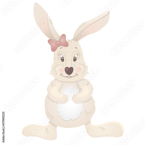 Baby bunny with a bow on his head is isolated. Vector rabbit on a white background can be used for decoration for Easter